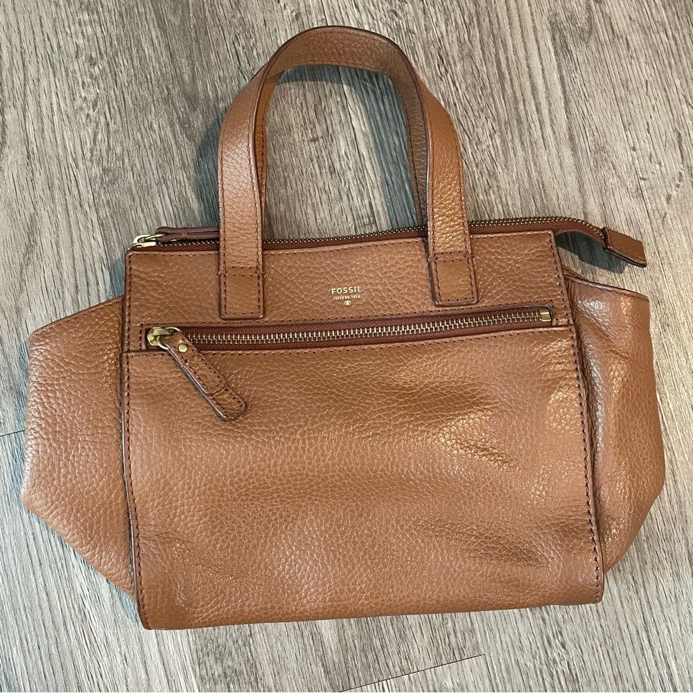 FOSSIL Tan Brown Leather Satchel Top Handle Bag